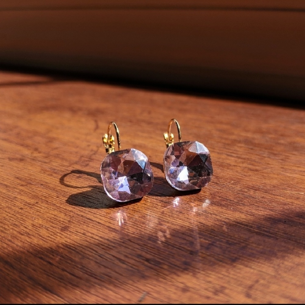 Pink Square Crystal Gold Earrings
